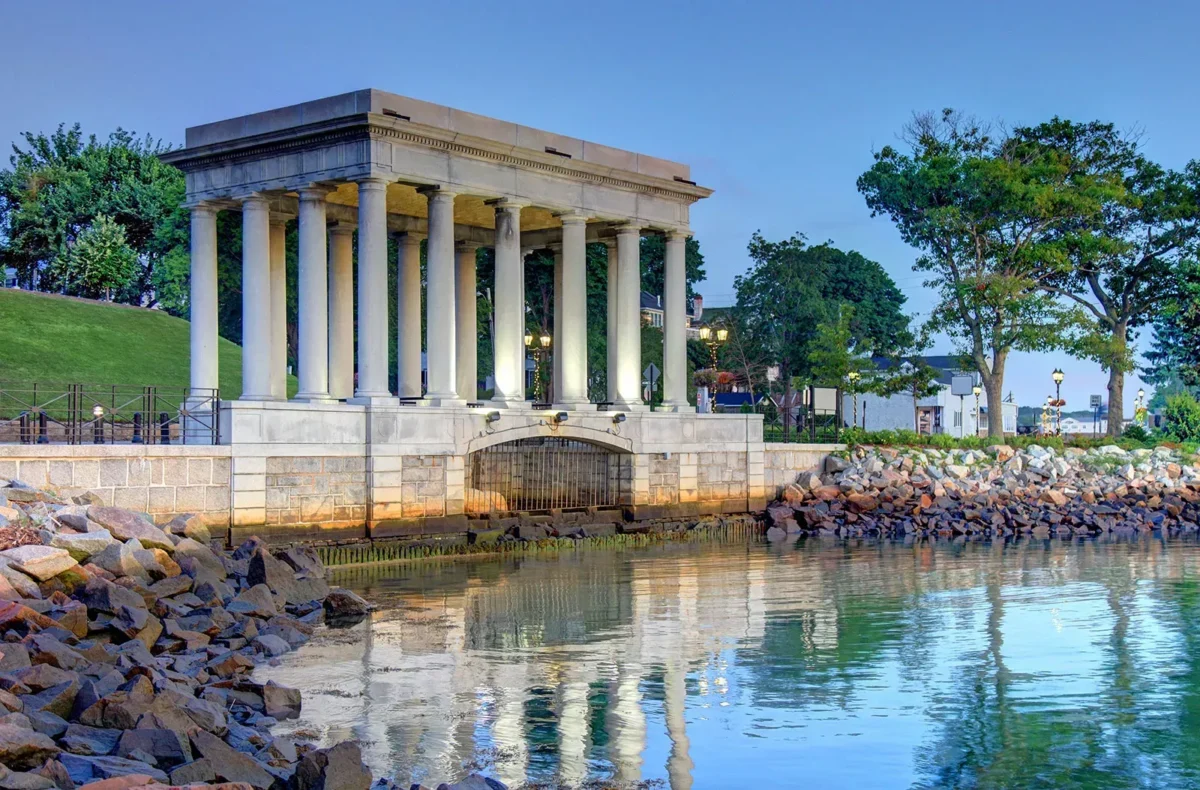Scenic waterfront venue with classical columns
